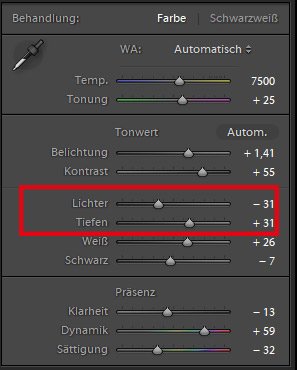 Tiefen-Lichter Optimierung in Lightroom