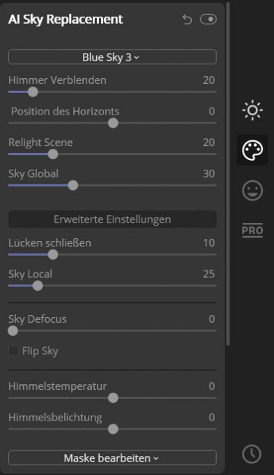 Einstellungen des AI Sky Replacement Filter