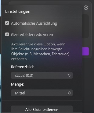 HDR Merge Einstellungen und Optionen